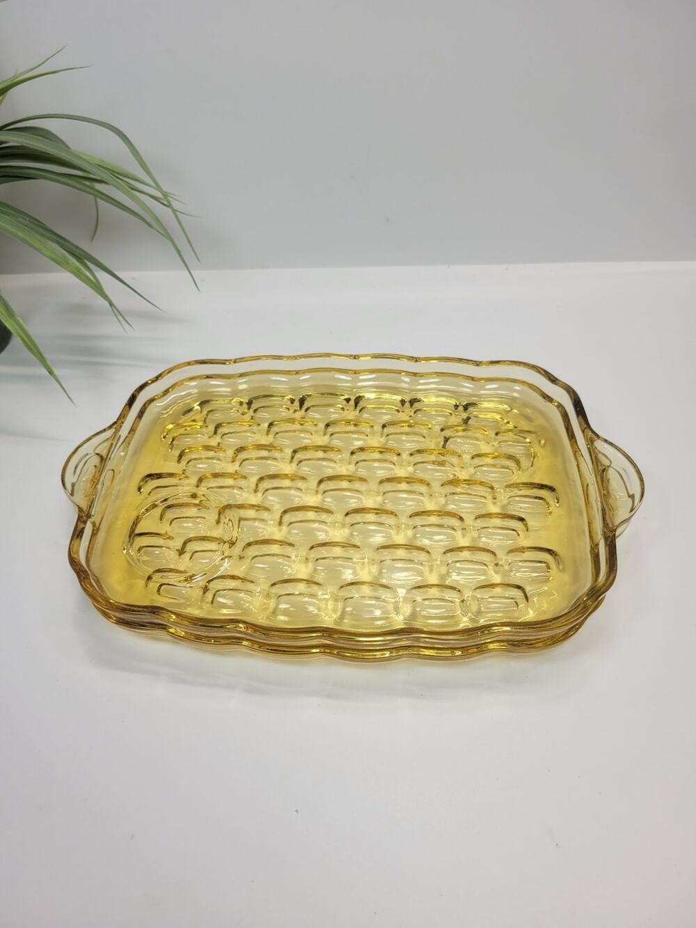 2 Vintage Federal Glass Yorktown Amber Snack Trays MCM Bubble Thumbprint Plate